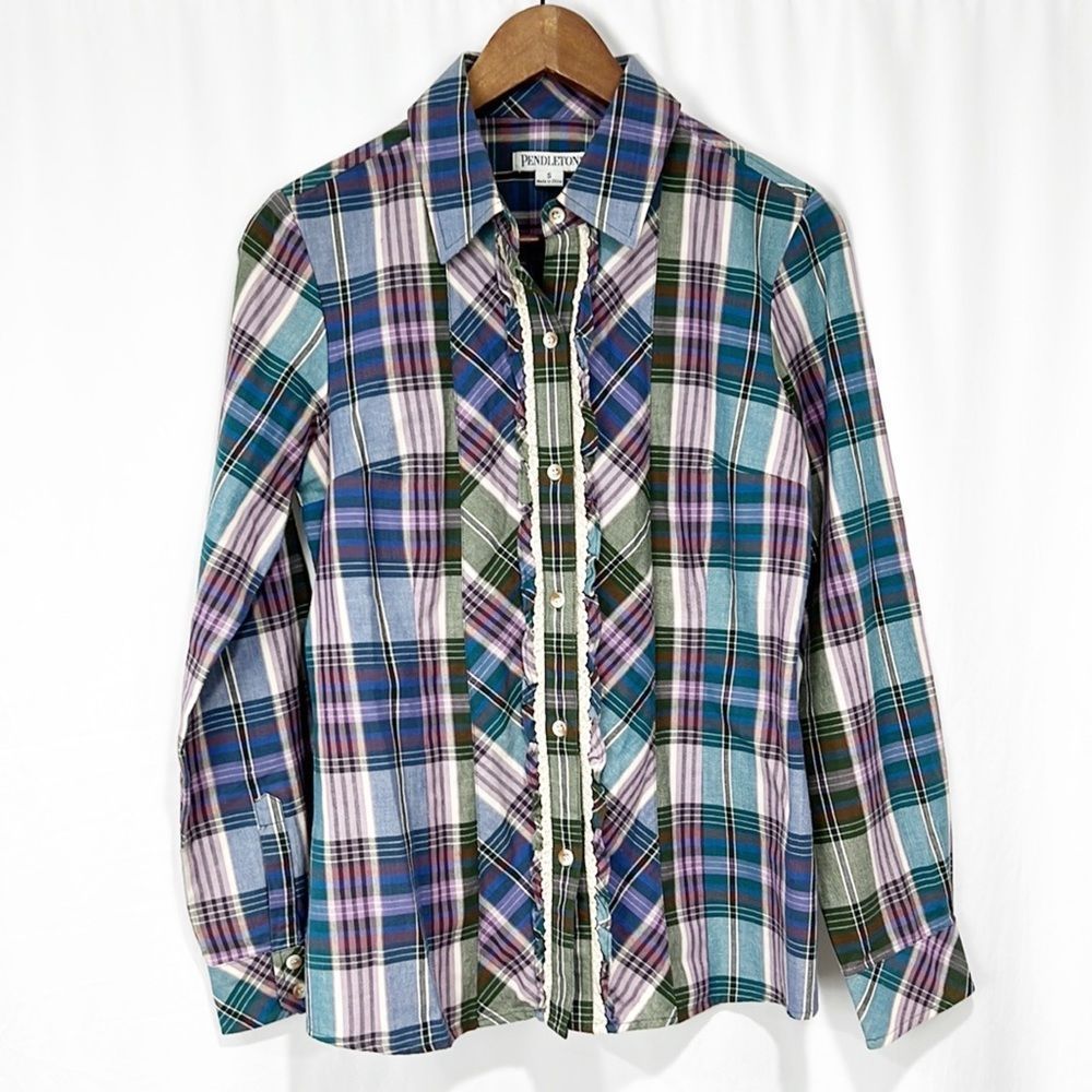 Nwot Pendleton Plaid Button-Down Blouse With Ruff… - image 1